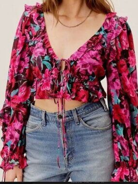 For Love & Lemons Scarlett Ruffle Crop Top Pink Floral Blouse XS Flirty
